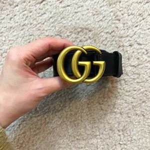 GUCCI Marmont Black 3cm Leather Double G Shiny Buckle 1.25" Belt 80/32